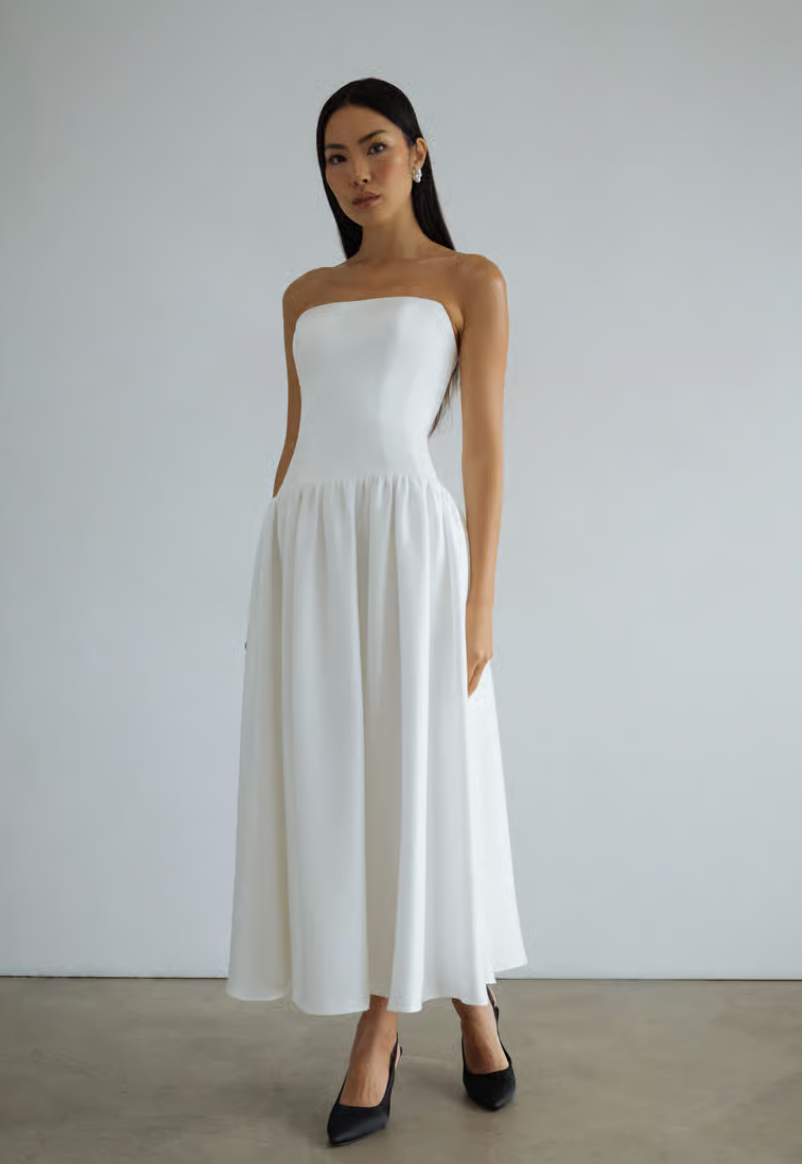 white strapless bridesmaid dress A-Line White Sleeveless Satin Wedding Dress With Side Slit